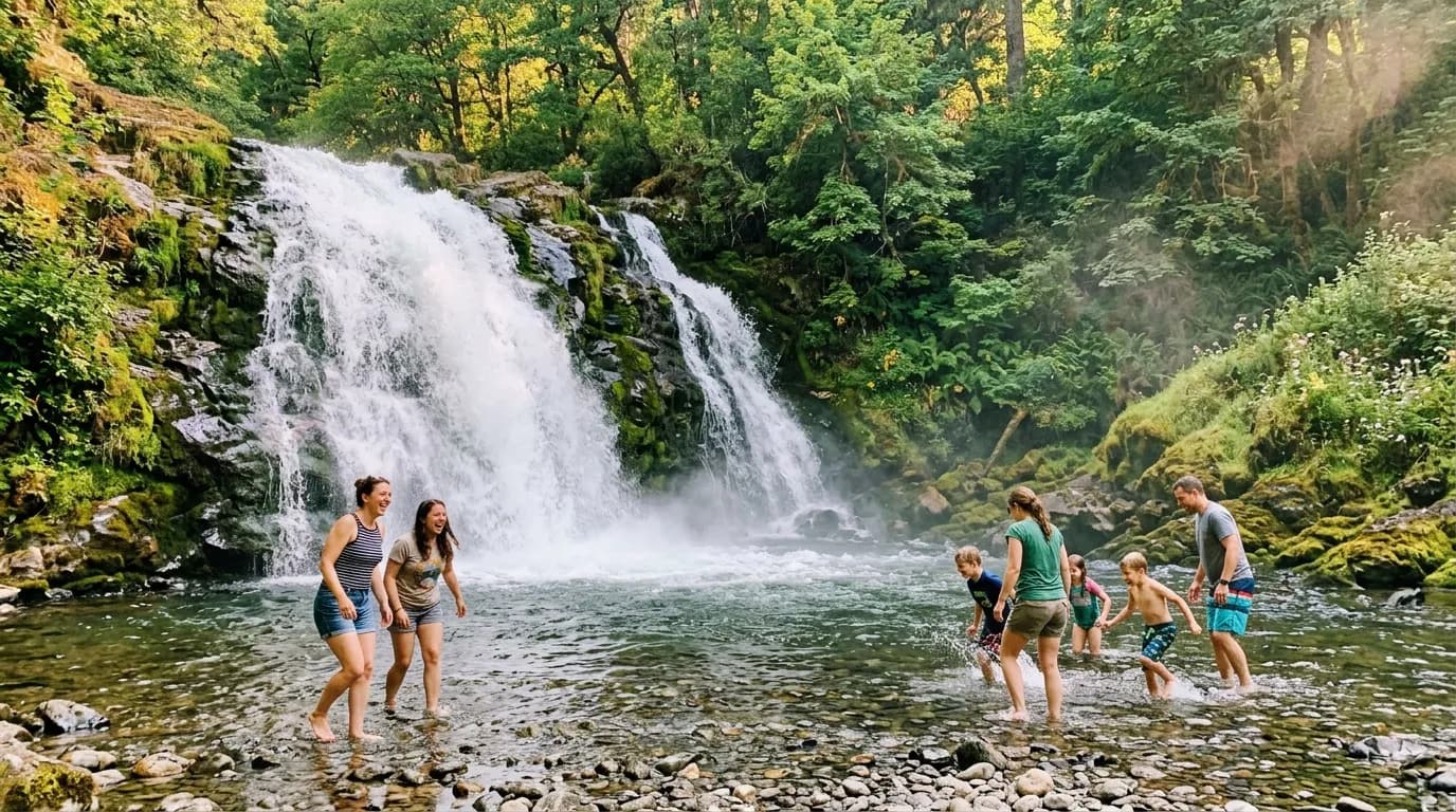 Famille jouant dans l'eau près d'une cascade en forêt