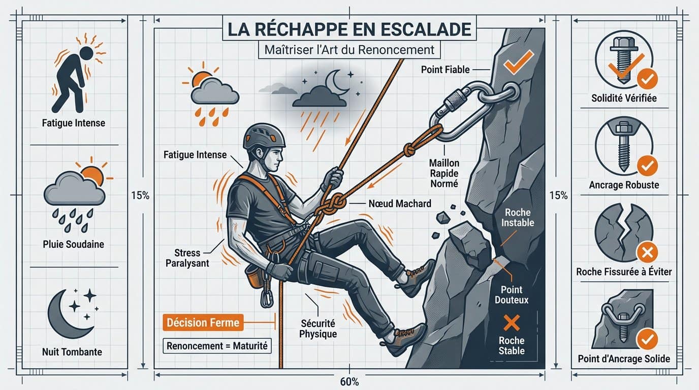 Grimpeur en paroi préparant une manœuvre de réchappe sécurisée