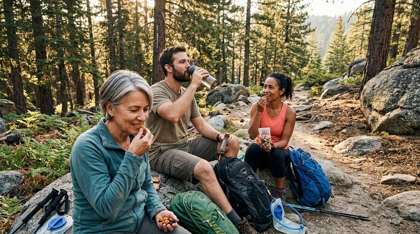 Trois randonneurs prennent un repos dans une forêt de pins