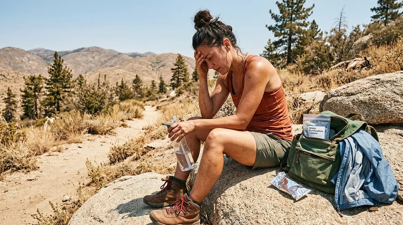Randonneuse se reposant sur rocher avec gourde et tablettes eau