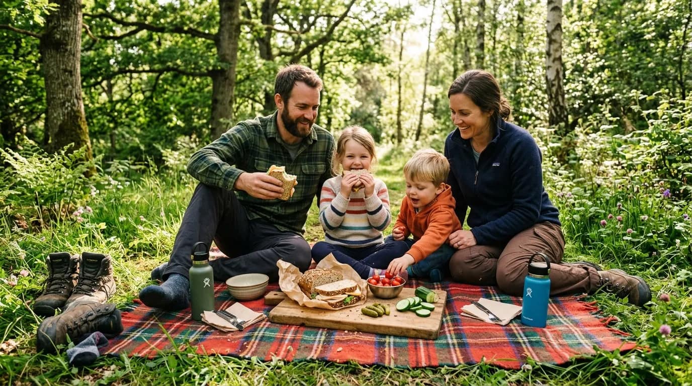Famille heureuse pique-niquant sur couverture écossaise en forêt