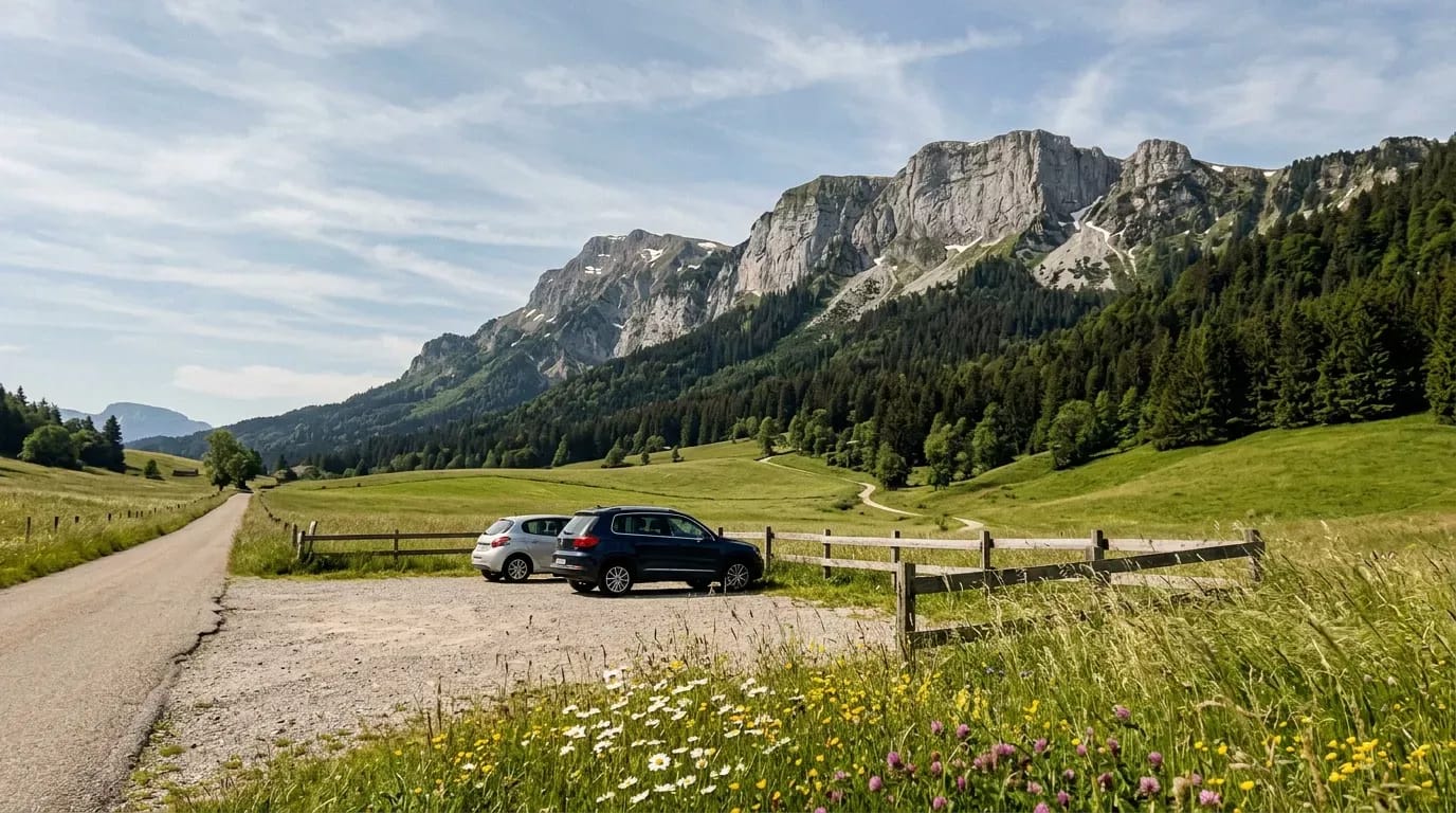 Voiture garée dans vallée verte avec montagnes rocheuses
