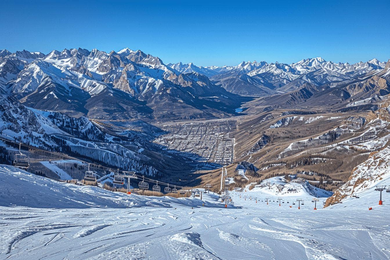 Vue panoramique d'un paysage de montagnes enneigées avec une station de ski.