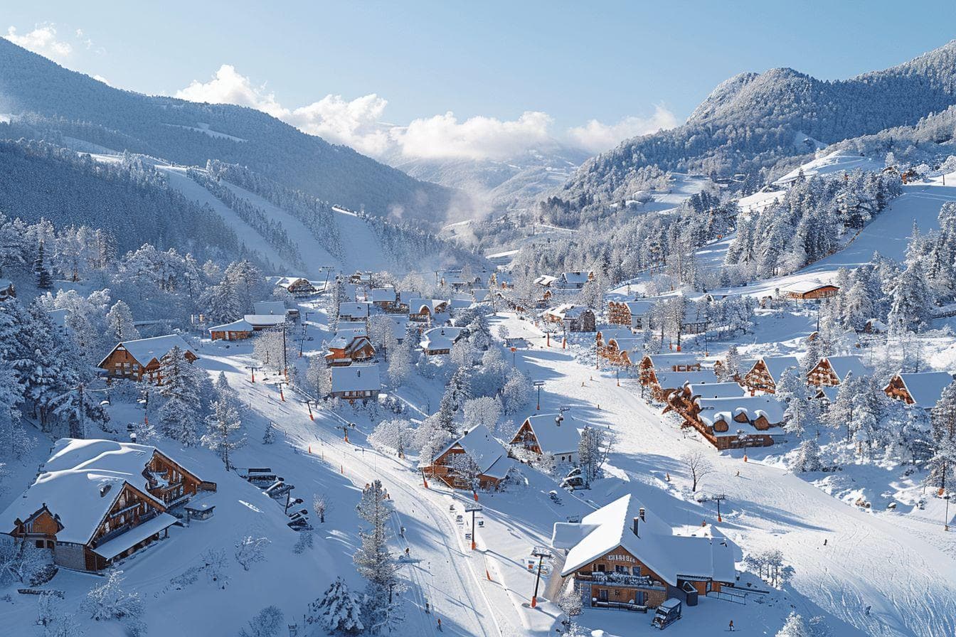Panorama d'un village de montagne recouvert de neige sous un ciel bleu