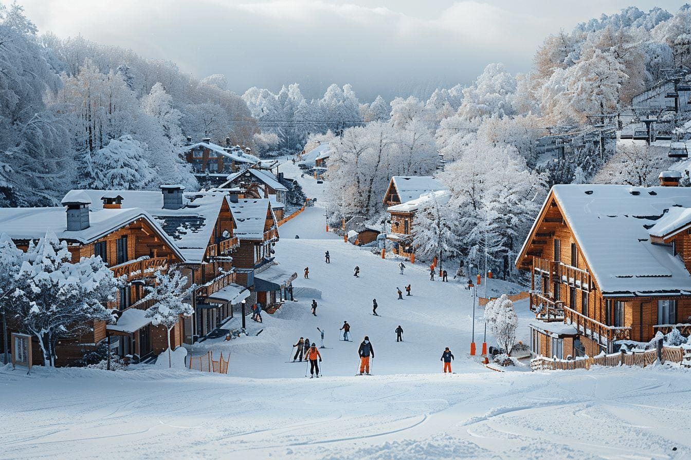 Village de chalets en bois sous la neige avec des skieurs