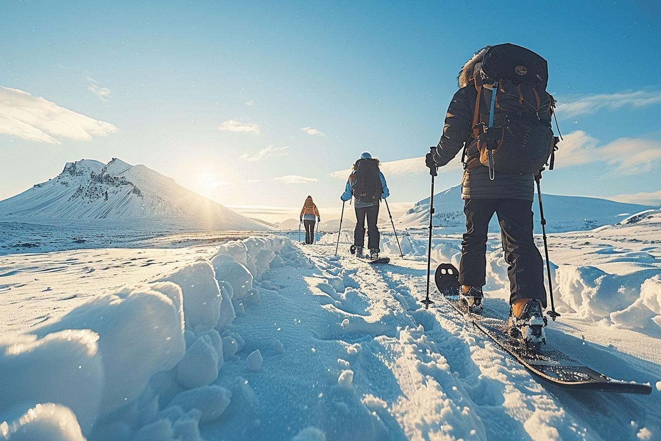 Groupe de randonneurs marchant dans la neige sous un ciel bleu