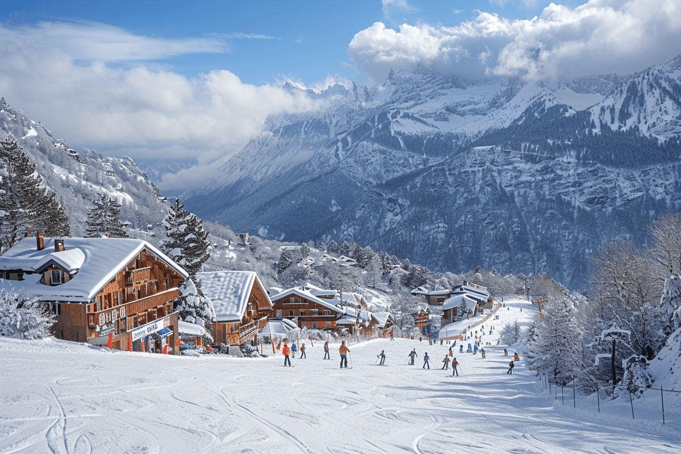 Paysage d'un village alpin enneigé avec des skieurs et des montagnes enneigées à l'arrière-plan